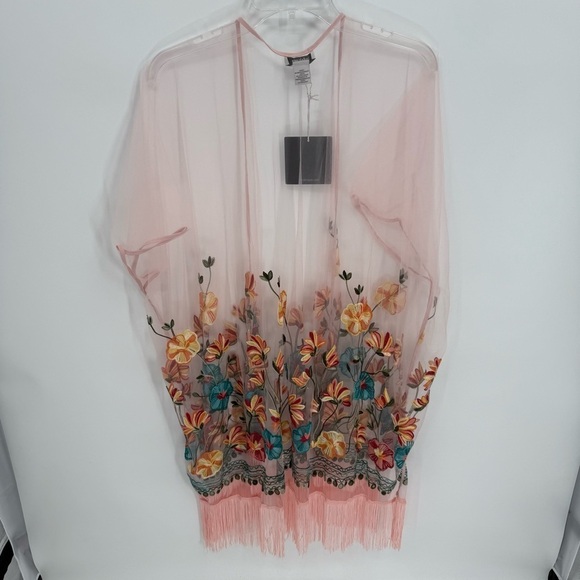 Haute Hippie Pink Mesh Floral Embroidered Fringe NWT Festival Kimono One Size - Picture 8 of 11
